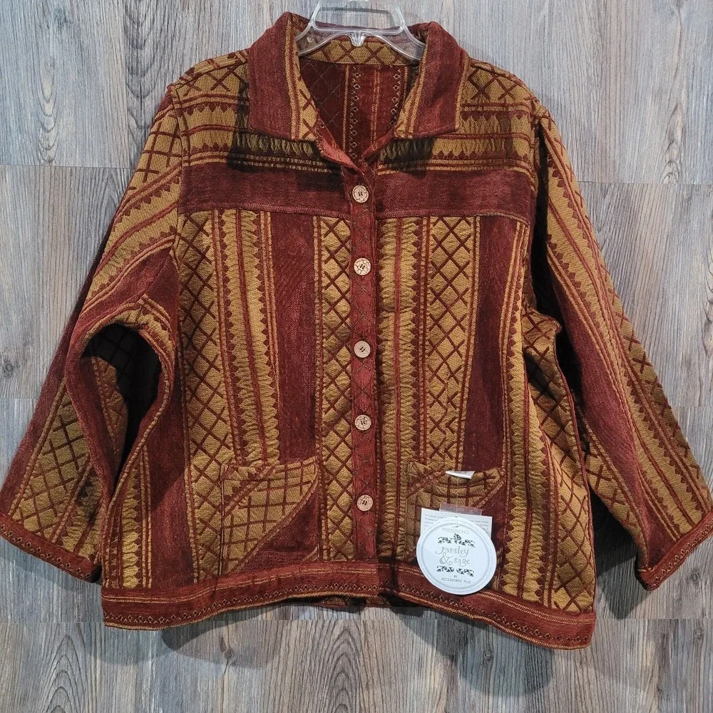 Parsley & Sage Reversible Jacket 3X Red Heavyweight Tapestry Art to Wear Unique